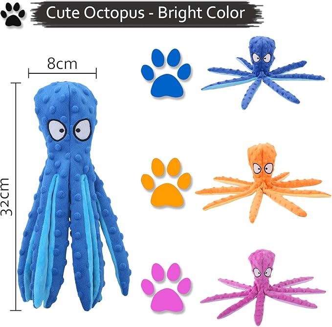 Octopus Squeaky Dog Chew Toy with Crinkle Paper for Medium & Large Dogs